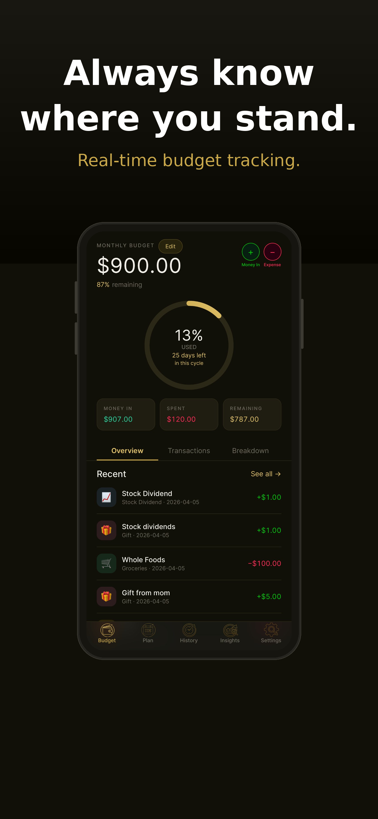 Budget iQ dashboard — always know where you stand
