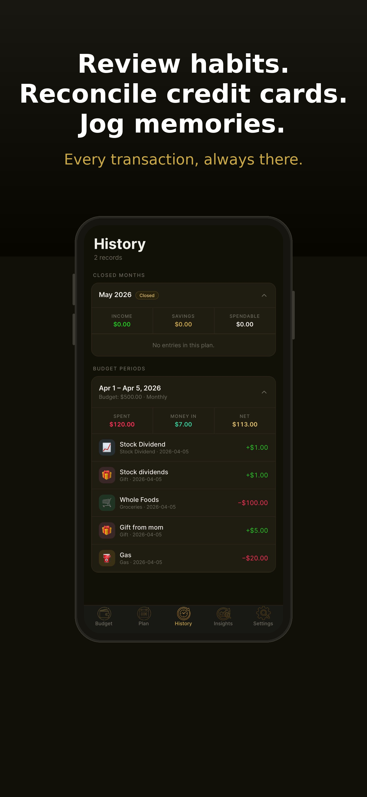 Budget iQ history — every transaction, always there