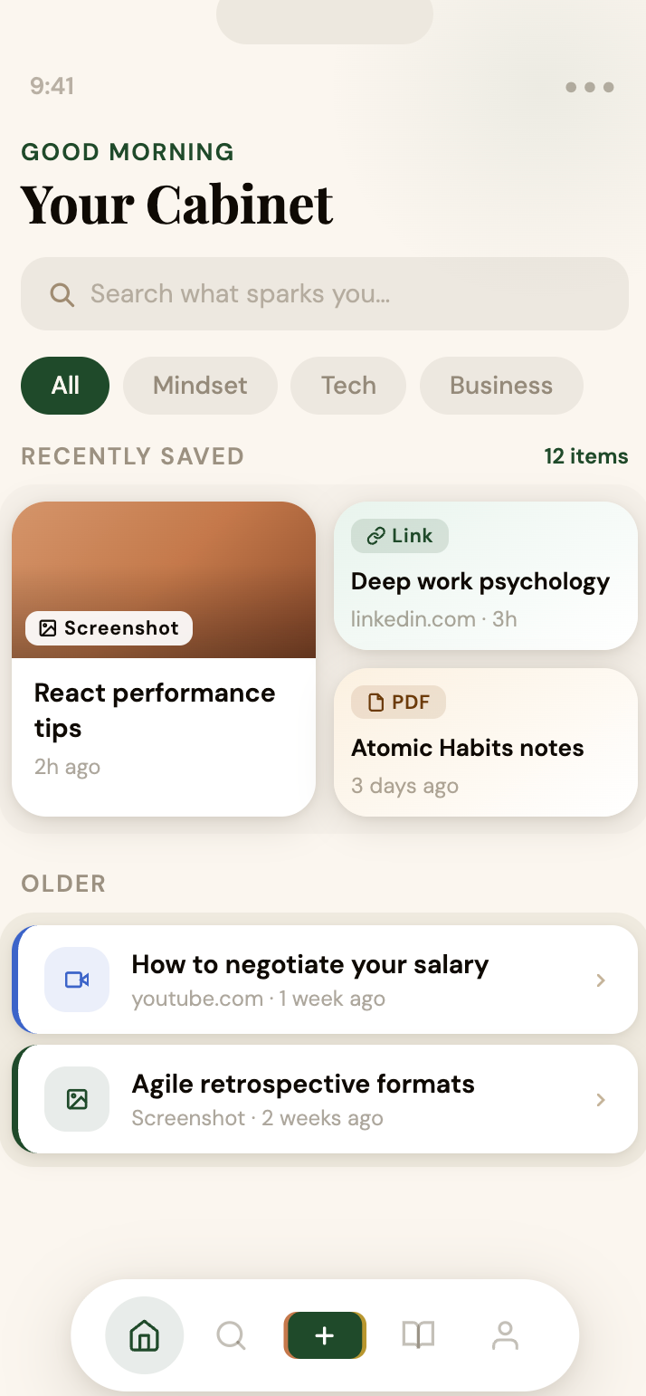 Cabinet — light mode, your saved articles and PDFs