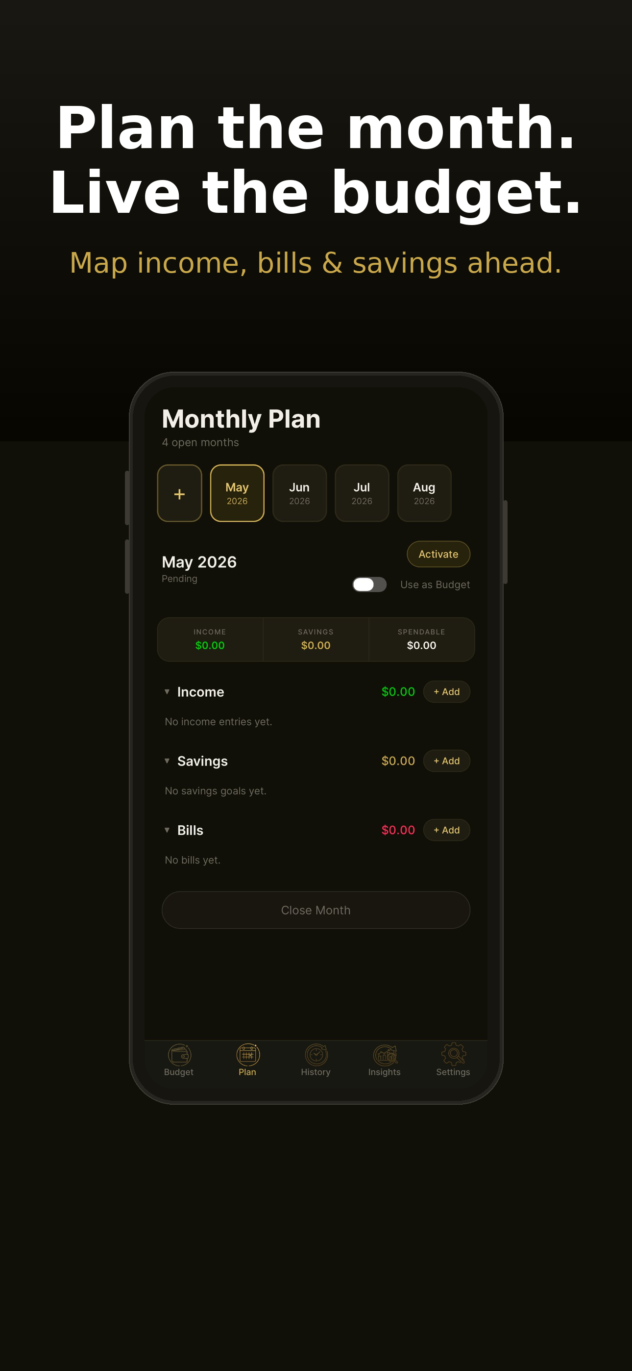Budget iQ monthly plan — plan the month, live the budget